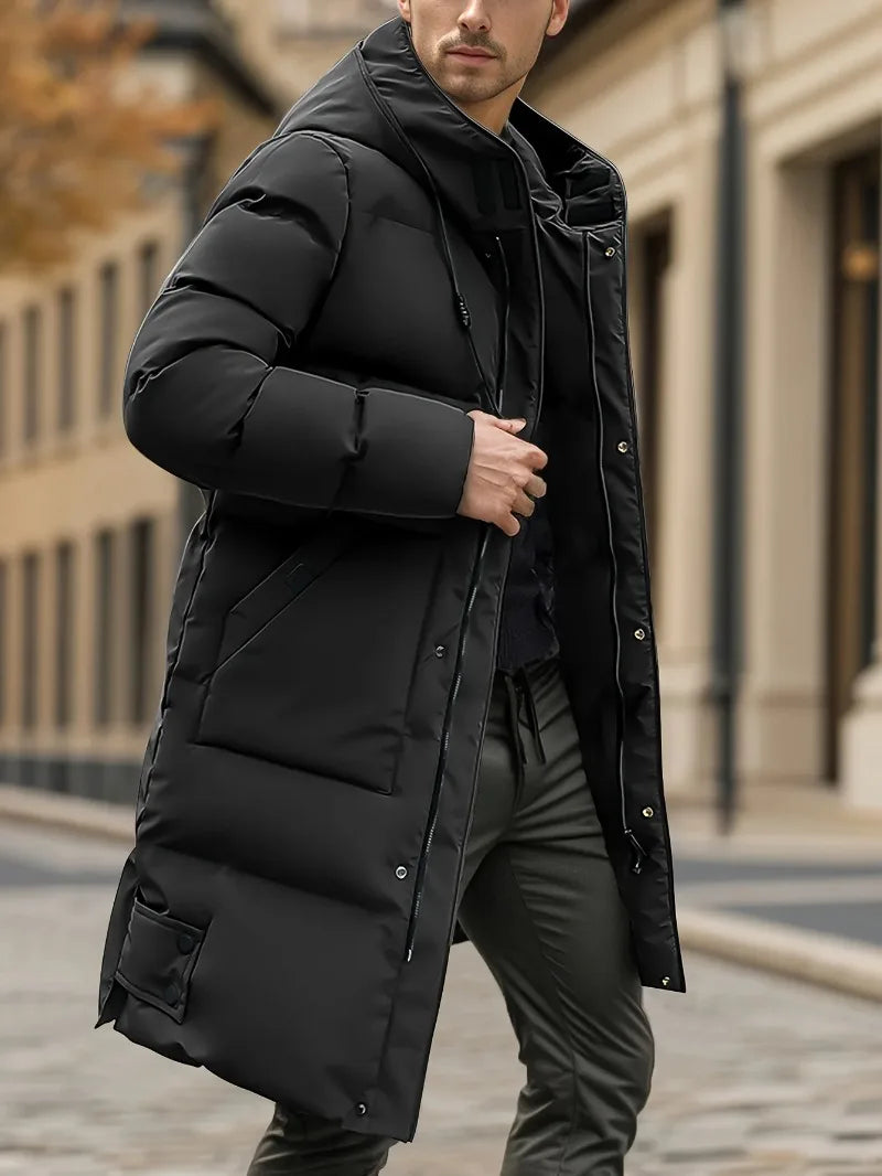 Men'S Heavyweight Winter Coat Windproof Cold Weather Jacket with Full-Length Zipper, Hooded Long Formality, Large Front Pockets