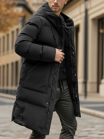 Men'S Heavyweight Winter Coat Windproof Cold Weather Jacket with Full-Length Zipper, Hooded Long Formality, Large Front Pockets