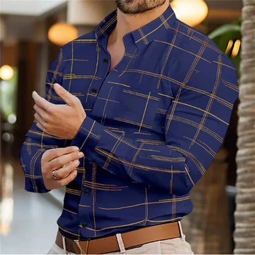 New men's shirt, long-sleeved, fitted button lapel men's top, fashionable 3D striped printed business party shirt XS-6XL